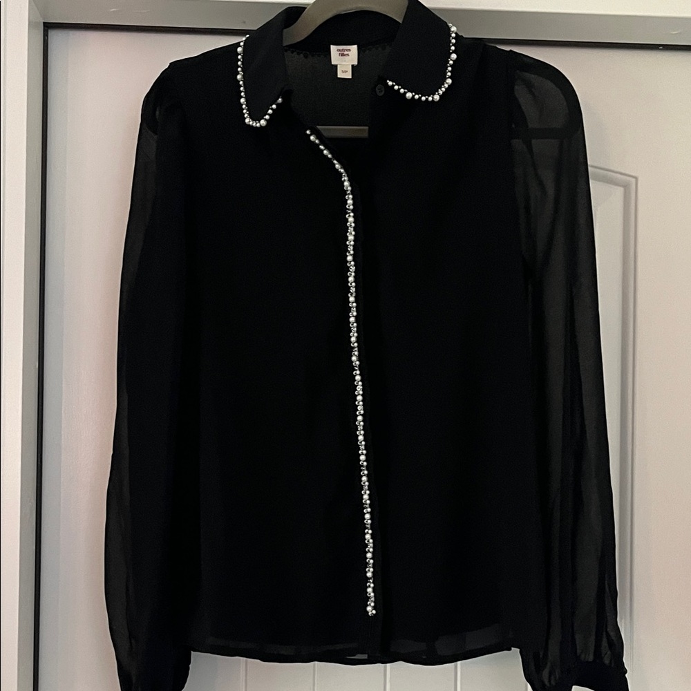 Black Sheer Top with Pearl Accents